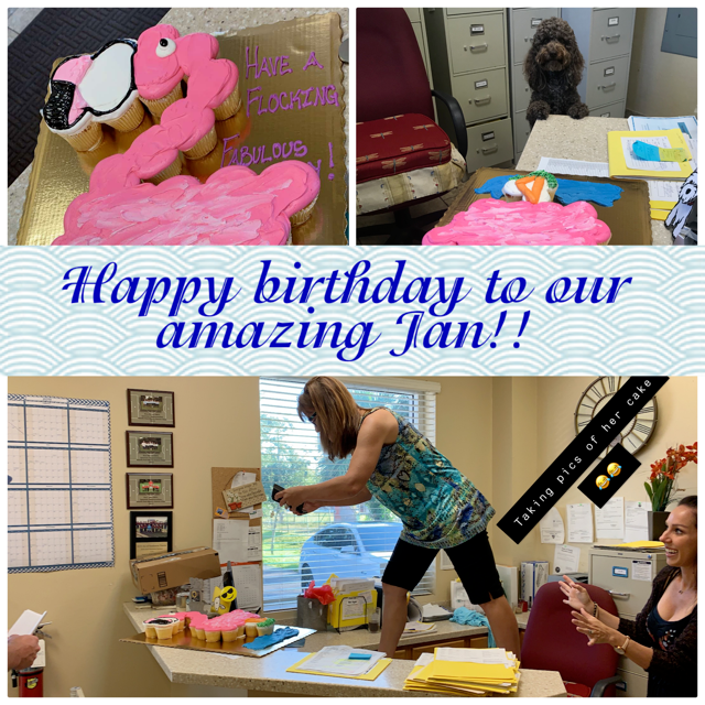 Office birthday collage with pink flamingo cake and banner reading “Happy birthday to our amazing Jan!!”