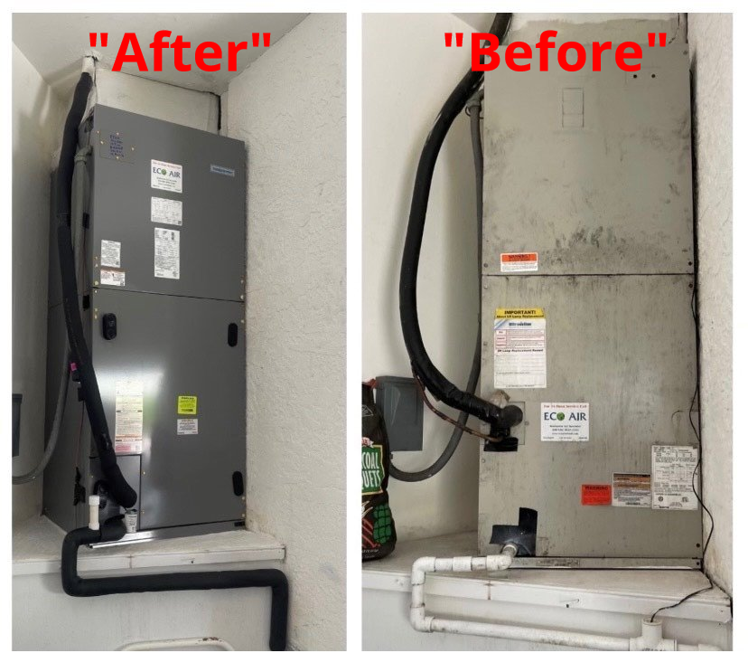 Split image showing electrical panel and conduit “Before” and “After” in a concrete utility area.