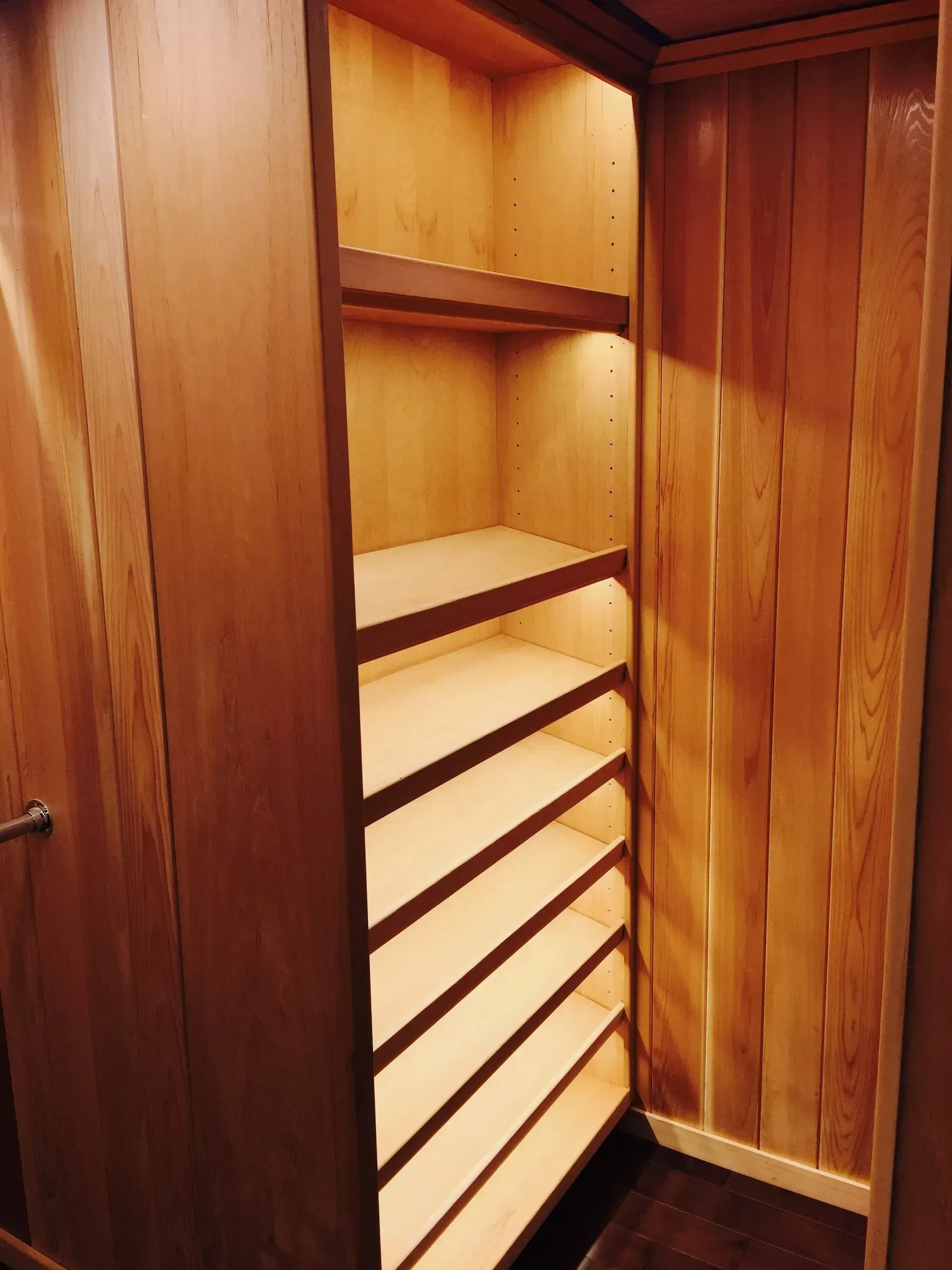 Wooden closet with shelves, lit from above, in a room with wood paneling.