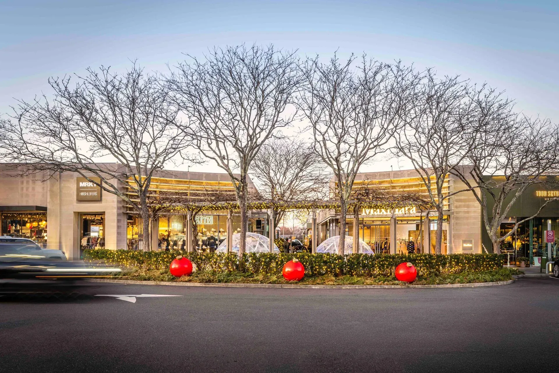 Shopping center entrance with bare trees, red ornaments, and a blurred car.