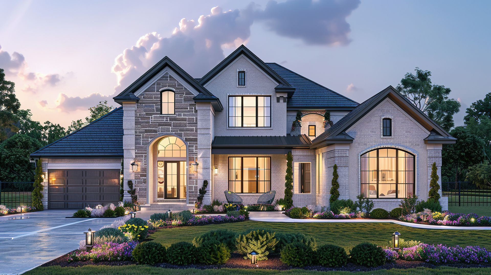 Luxury home exterior with stone facade, manicured lawn, and evening lighting.