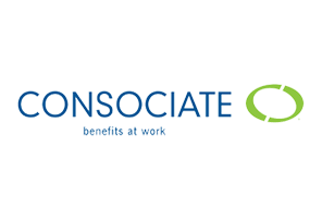 Consociate Benefits at Work logo: blue text and green oval.