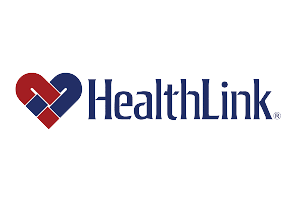 HealthLink logo with a red and blue heart-shaped intertwined design, next to the text 