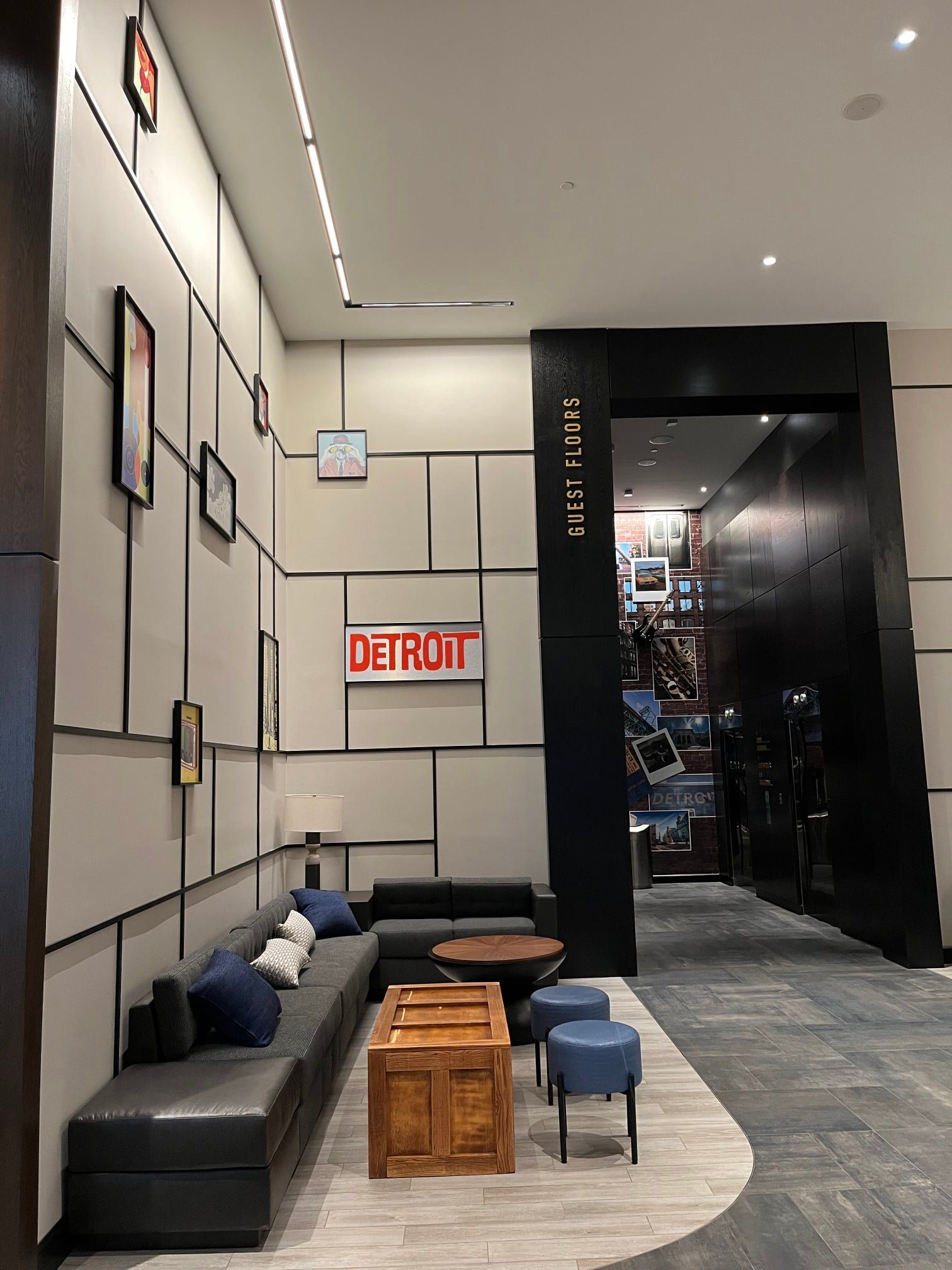 Hotel lobby with a seating area, 