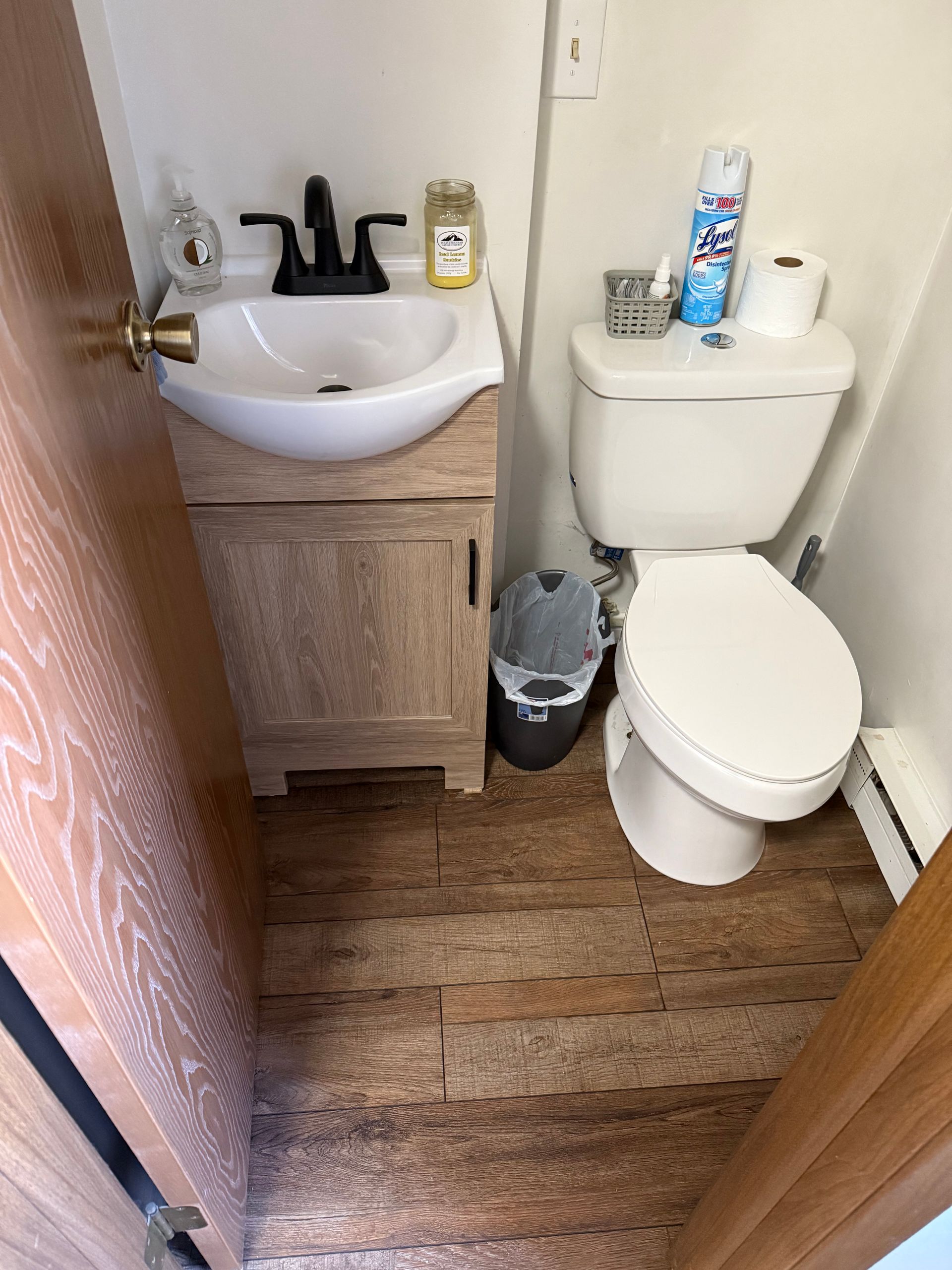 Small bathroom with a toilet, sink, and wood-look flooring.