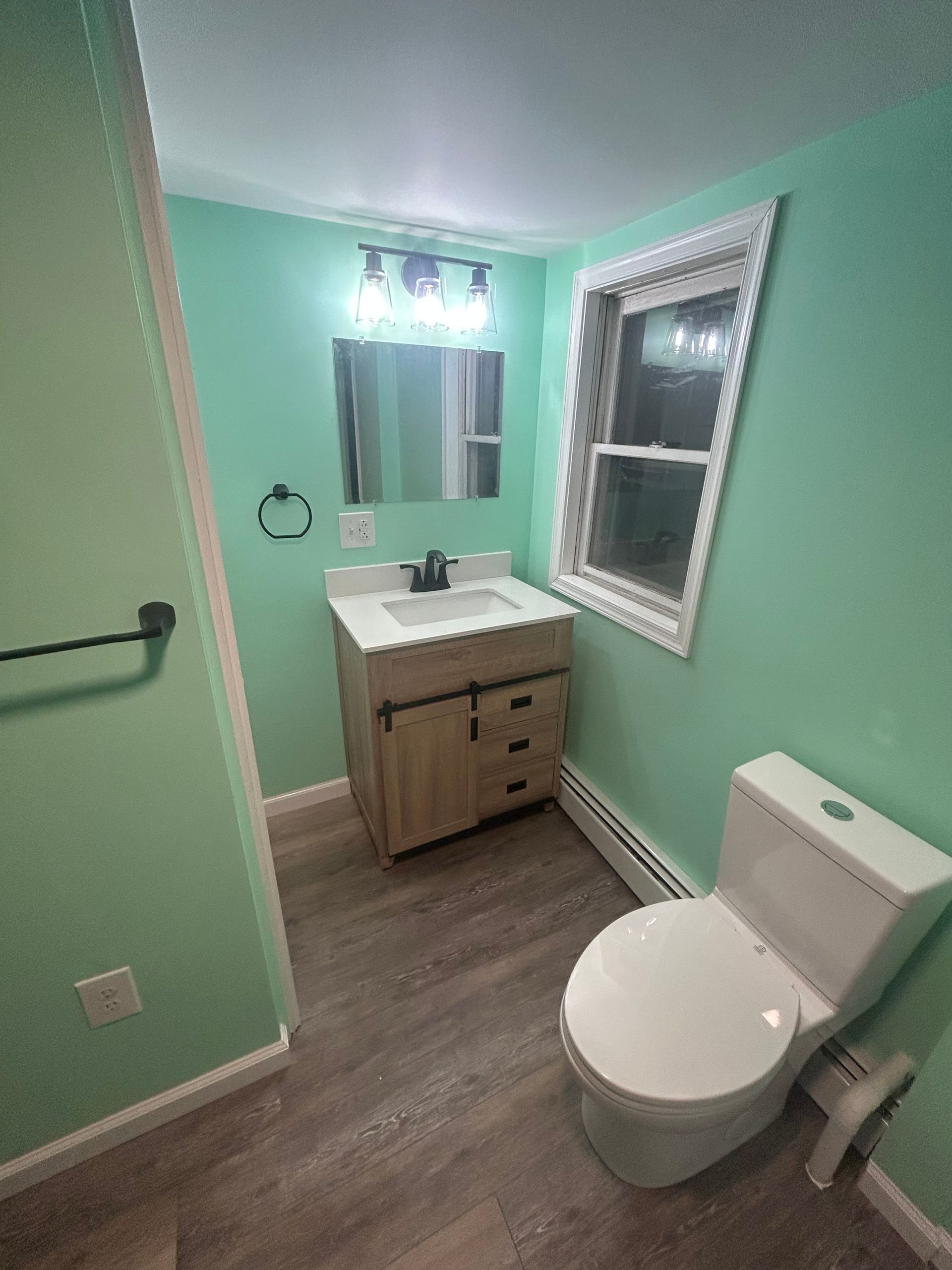 Small bathroom with light green walls, wood vanity, toilet, and window.