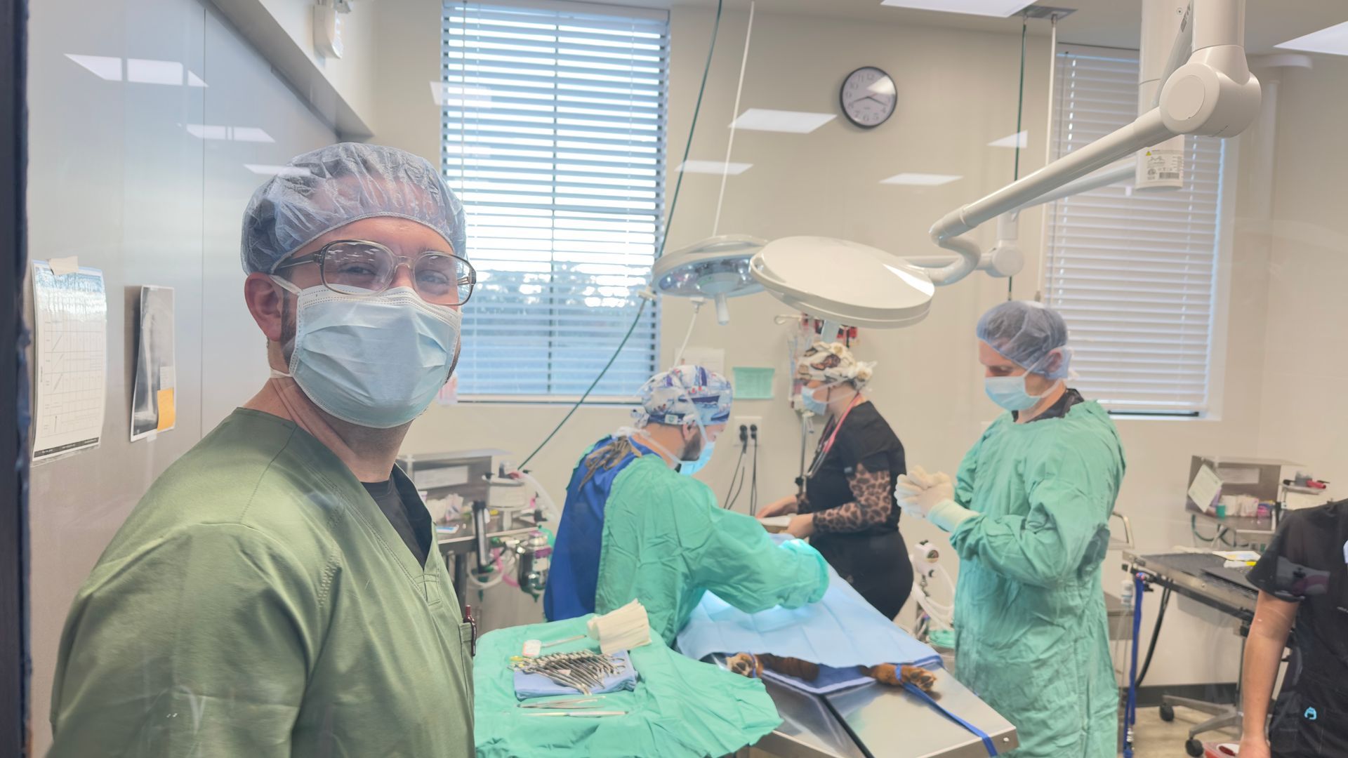 Surgeon in scrubs, mask, and cap, looks at camera. Surgical team operates in an operating room with equipment.