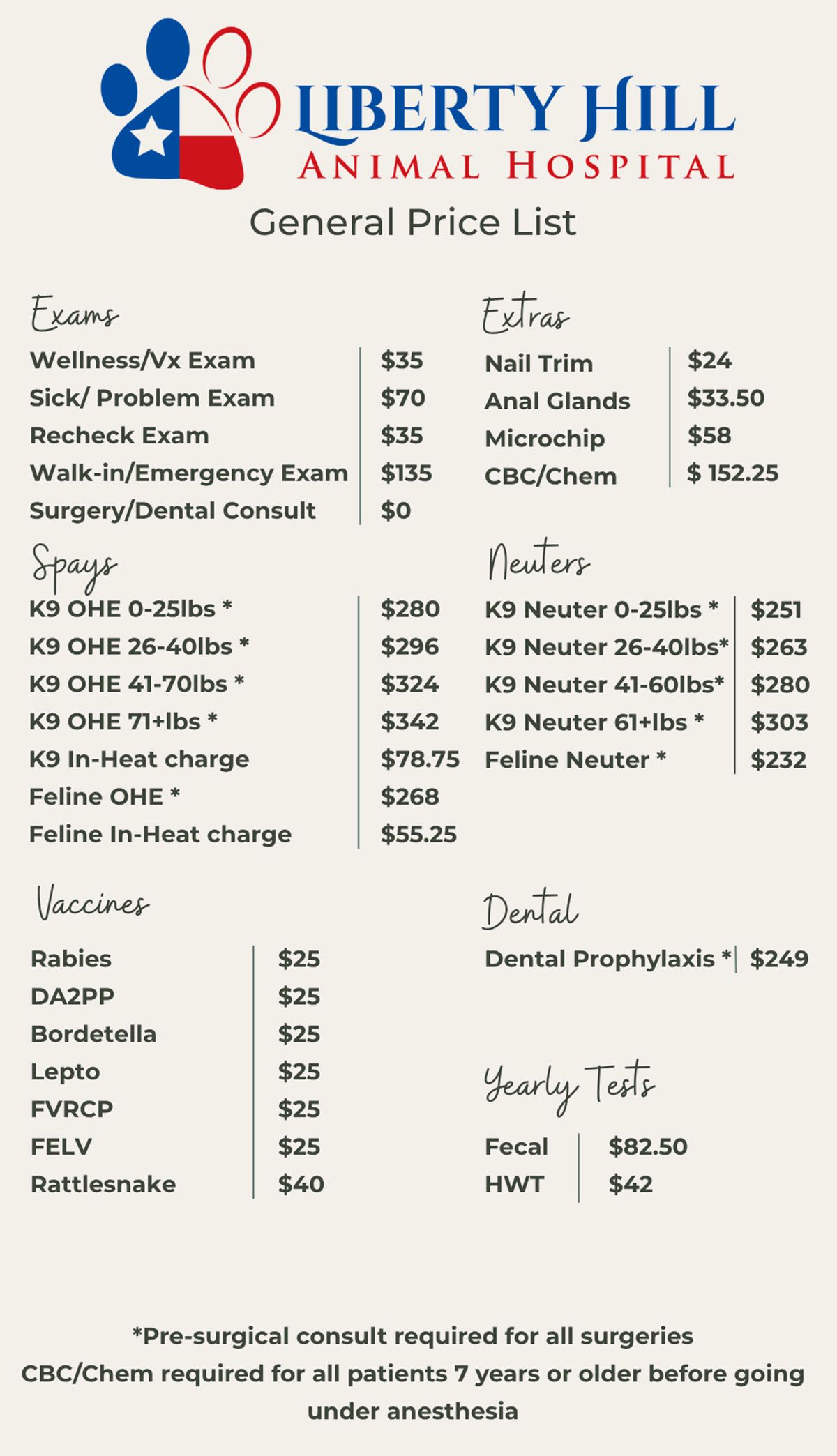 Liberty Hill Animal Hospital's General Price List