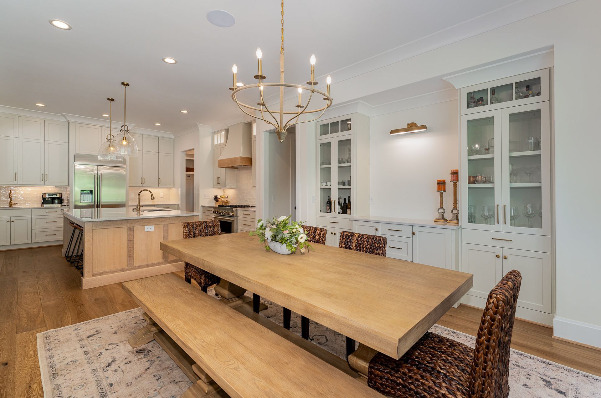 The Dreamscape dining room table and chandelier