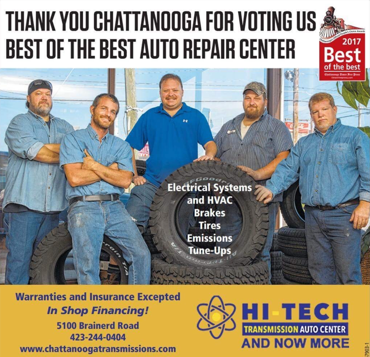 Five mechanics posing in front of Hi Tech Transmission and Auto Center Best of the Best ad