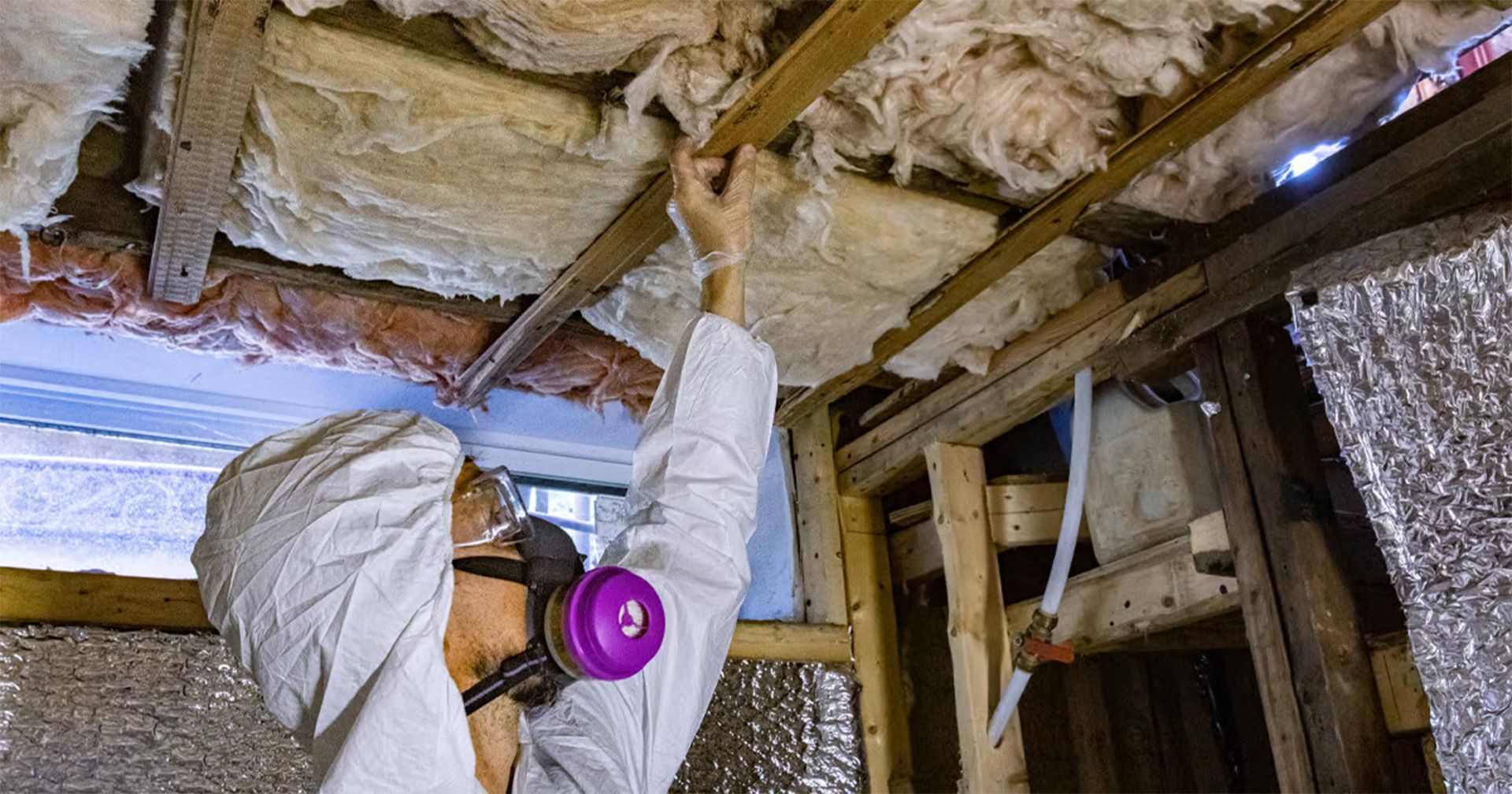 A person wearing a white protective suit and a respirator mask installing insulation in the ceiling of a wooden structure.