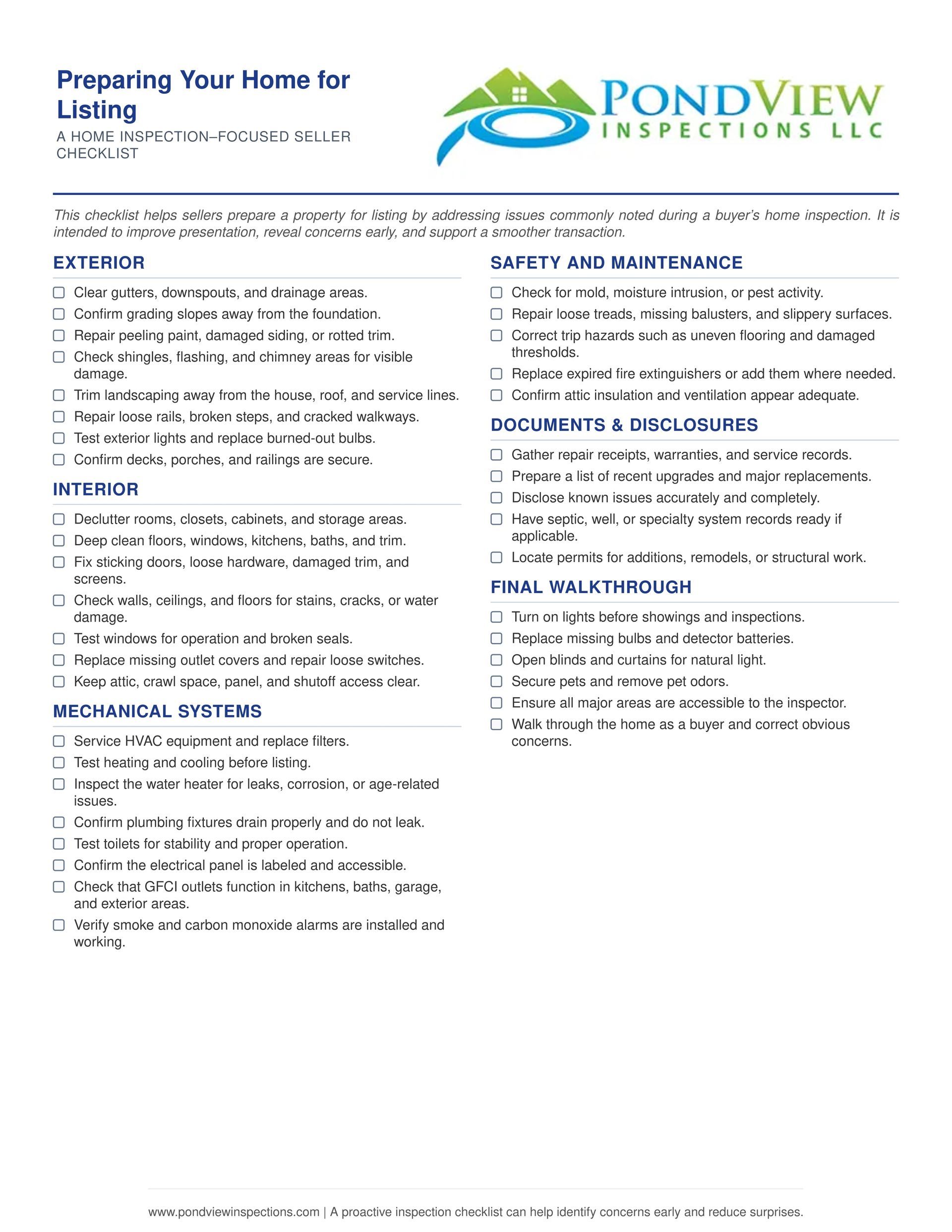 PondView Inspections LLC flyer with service checklist and contact information on a white background