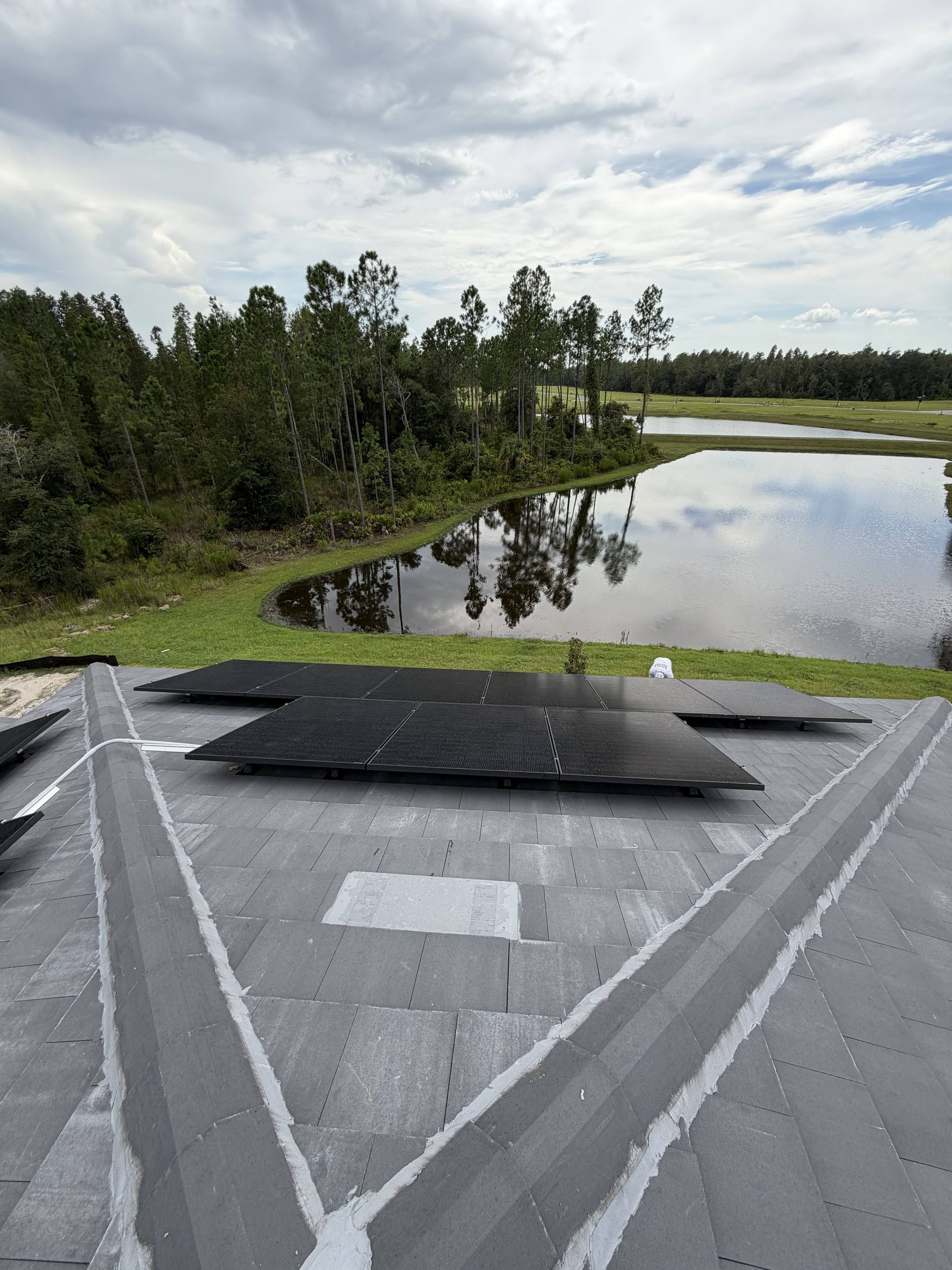 Roof overlooking a flooded field with trees and cloudy sky in the background.