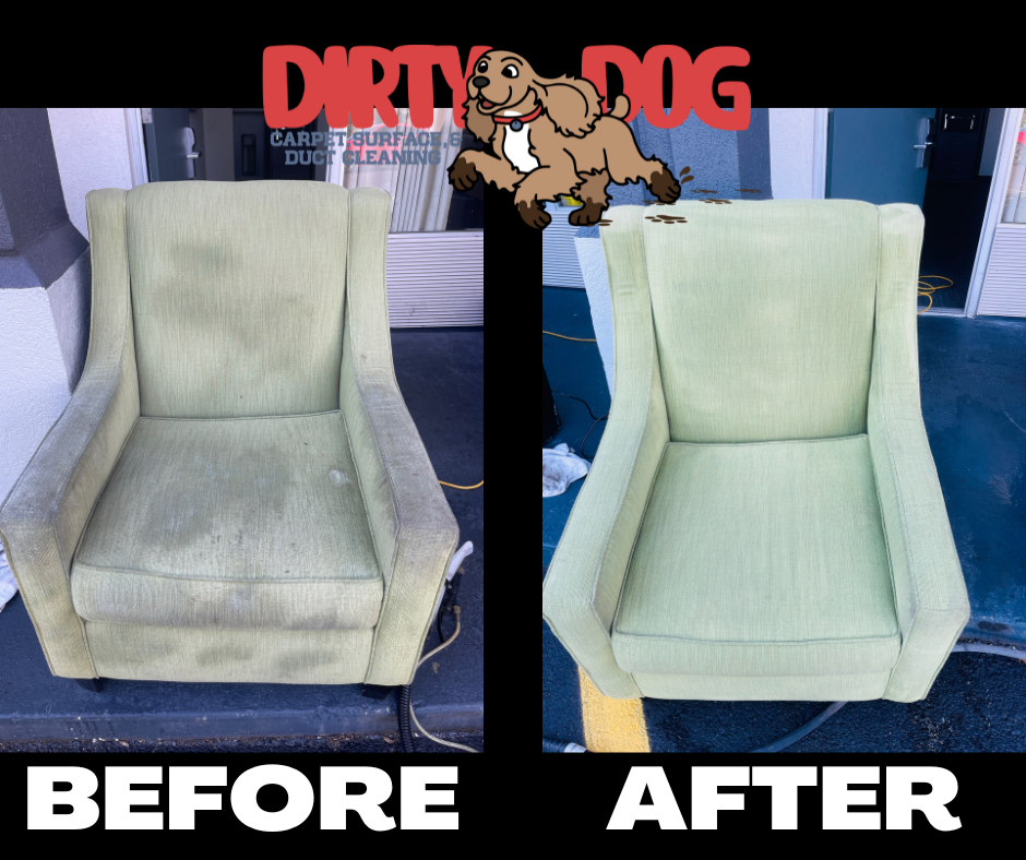 A before and after picture of a chair from dirty dog