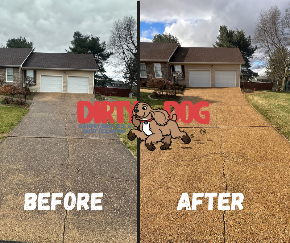 A before and after picture of a driveway with a dog on it