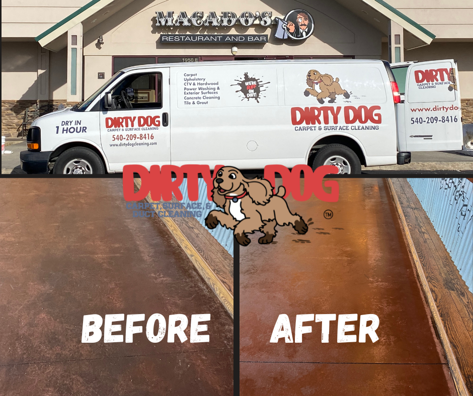 A dirty dog van is parked in front of a building