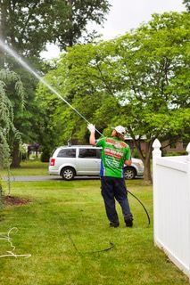A man is using a high pressure washer to clean a tree in a yard.