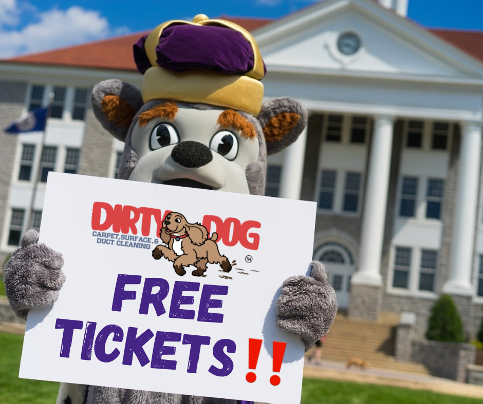 mascot holding a sign saying free tickets