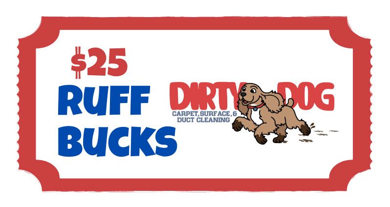 $25 Ruff Bucks gift certificate for Dirty Dog Carpet & Duct Cleaning; a brown dog graphic in a red and white frame.