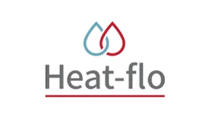 Heat-flo logo with blue and red droplet icon above gray text and red underline