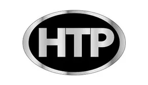 Black oval logo with silver border and large white letters “HTP”