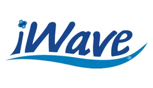 Blue iWave logo with stylized lowercase text and a wave underline