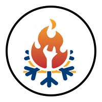 Flame over blue snowflake inside a black circle logo