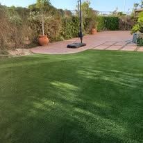 A lush green lawn with a patio and umbrella in the background.