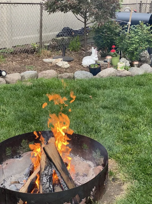 Backyard fire pit with burning logs, green lawn, and garden decorations behind it