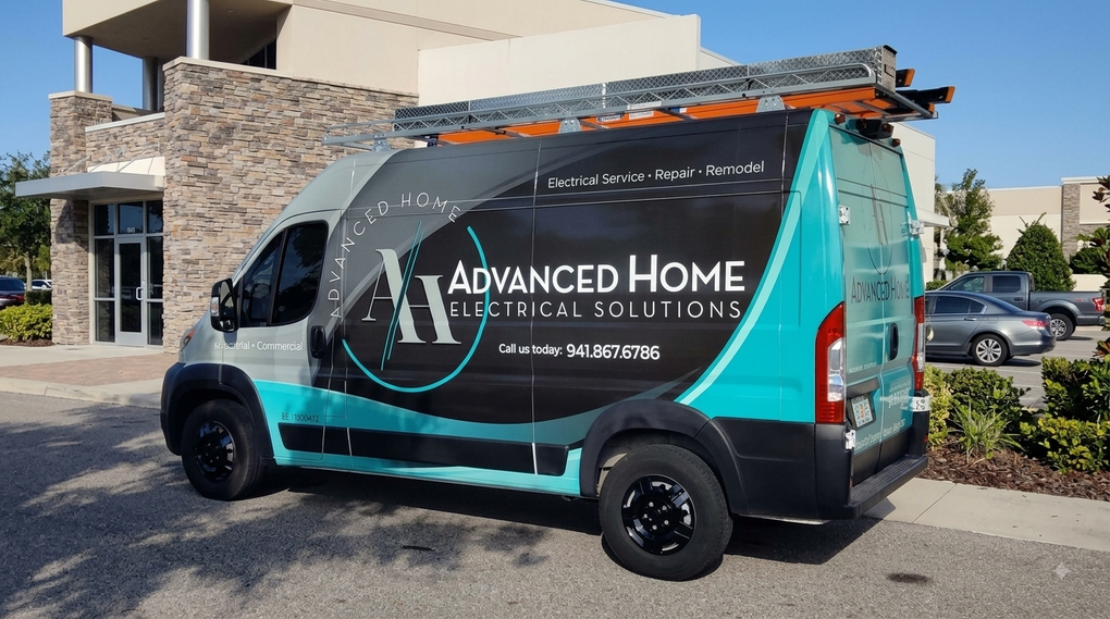 Teal Advanced Home Health van parked outside a modern building, side logo visible