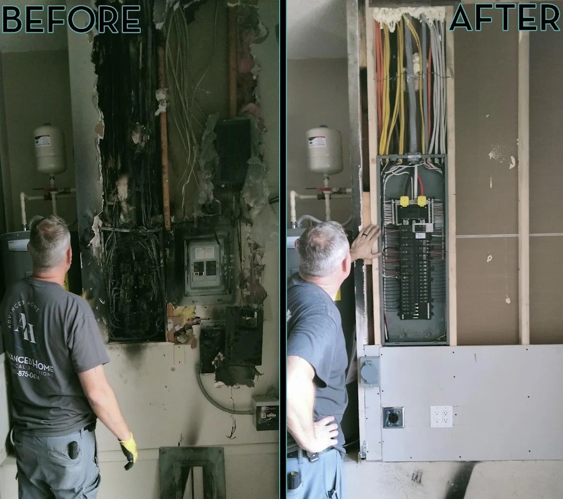 Before-and-after view of a wall fire repair, with exposed wiring and a person inspecting it.