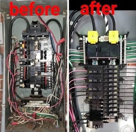 Before-and-after electrical panel wiring: tangled old wires vs neatly organized new breakers.