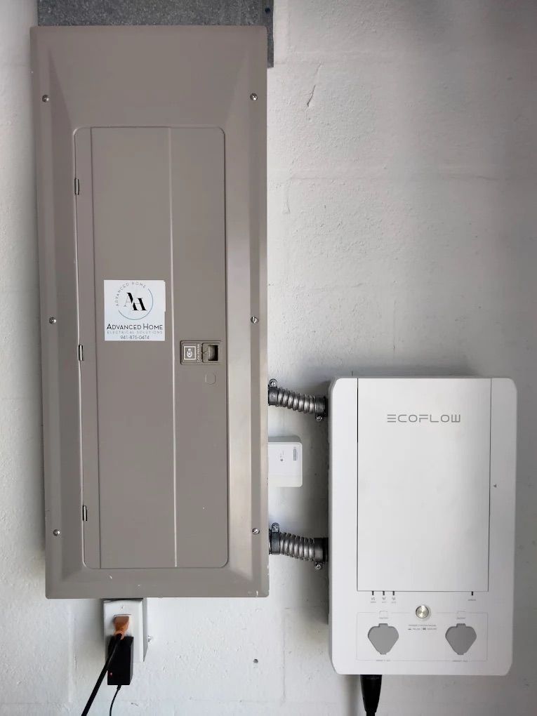 Electrical panel and white EcoFlow unit mounted on a wall, with cables and outlets nearby.