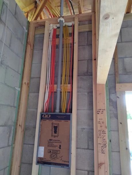 Electrical panel with colorful wiring installed in a cinder block wall, under construction.