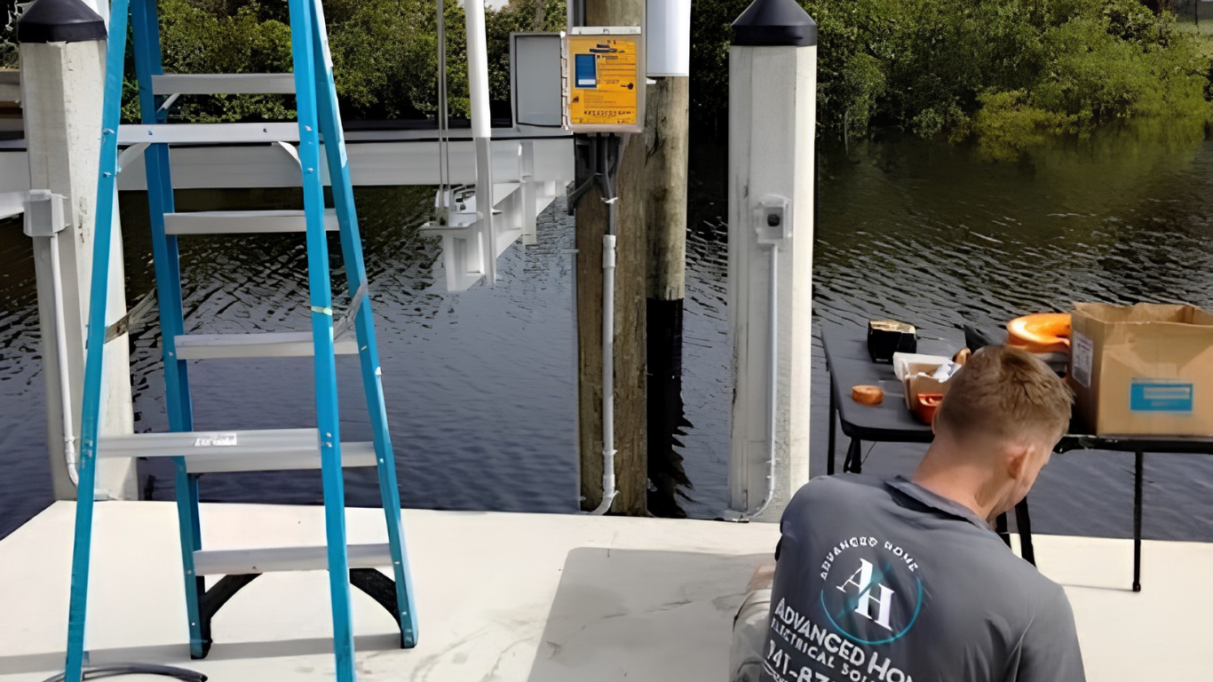 Blue ladder on a dock beside calm water; a person sits at a table with tools and supplies nearby.