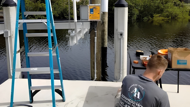 Blue ladder on a dock beside calm water; a person sits at a table with tools and supplies nearby.
