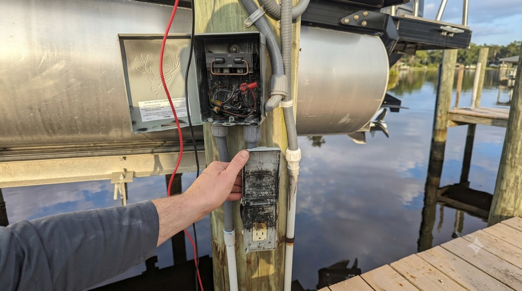 Hand reaching into an open electrical panel beside a large metal tank over water on a dock