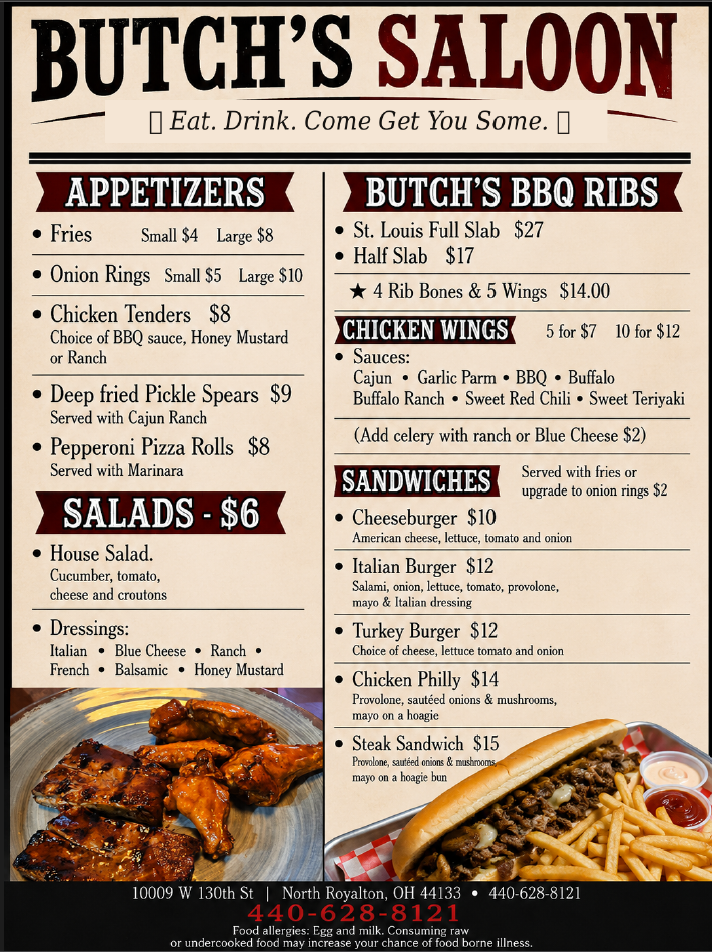 Butch’s Saloon menu ad with appetizers, salads, ribs, wings, burgers, and photos of sandwiches and ribs