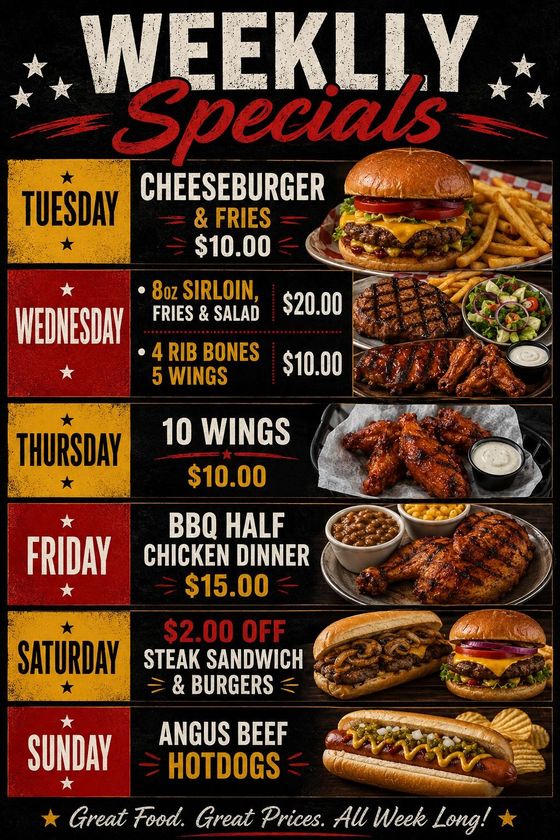 Weekly specials menu with daily food deals for burgers, wings, barbecue, steak sandwich, and hot dogs on a black background