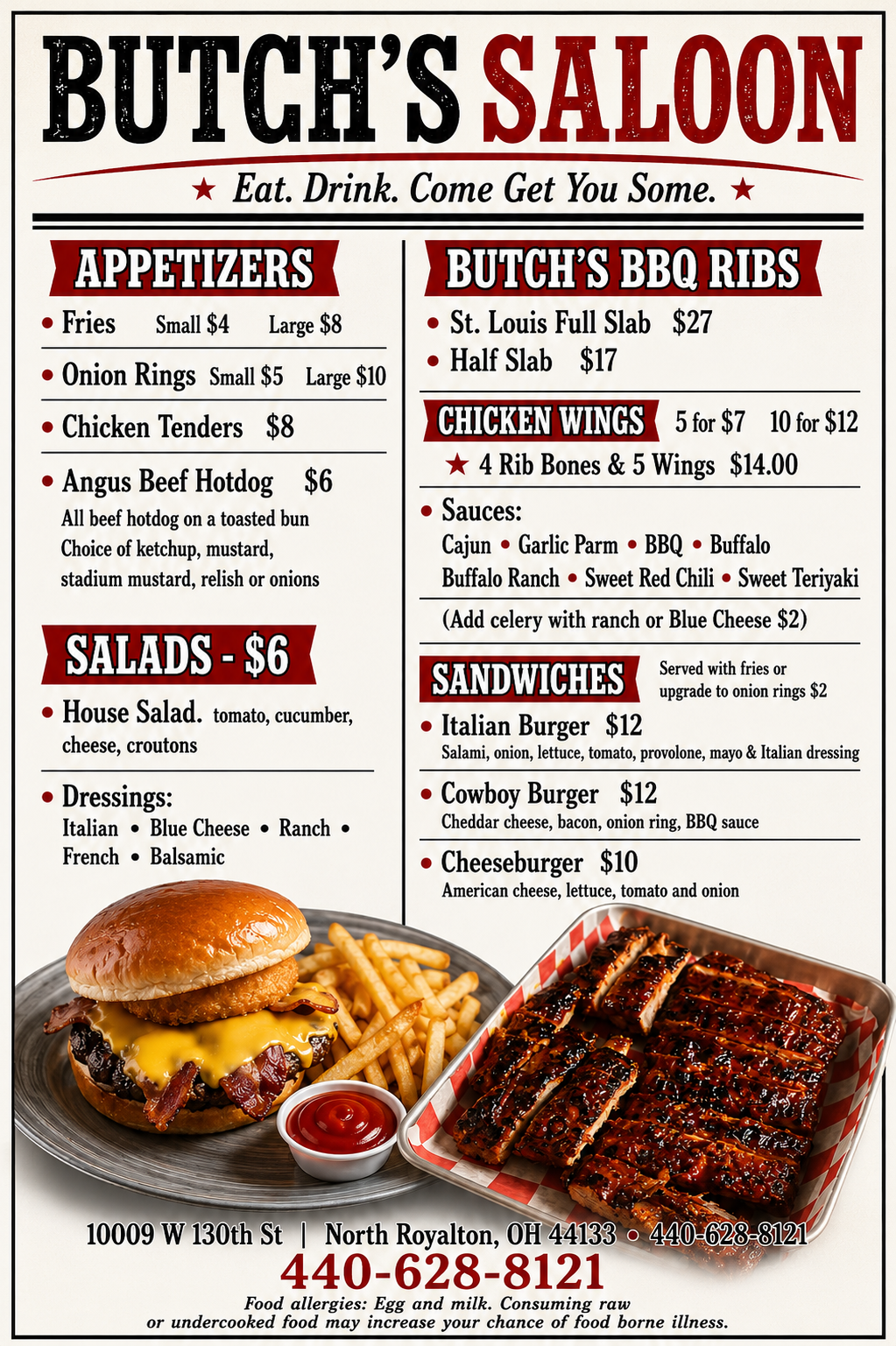Butch’s Saloon menu ad with appetizers, salads, ribs, wings, burgers, and photos of sandwiches and ribs