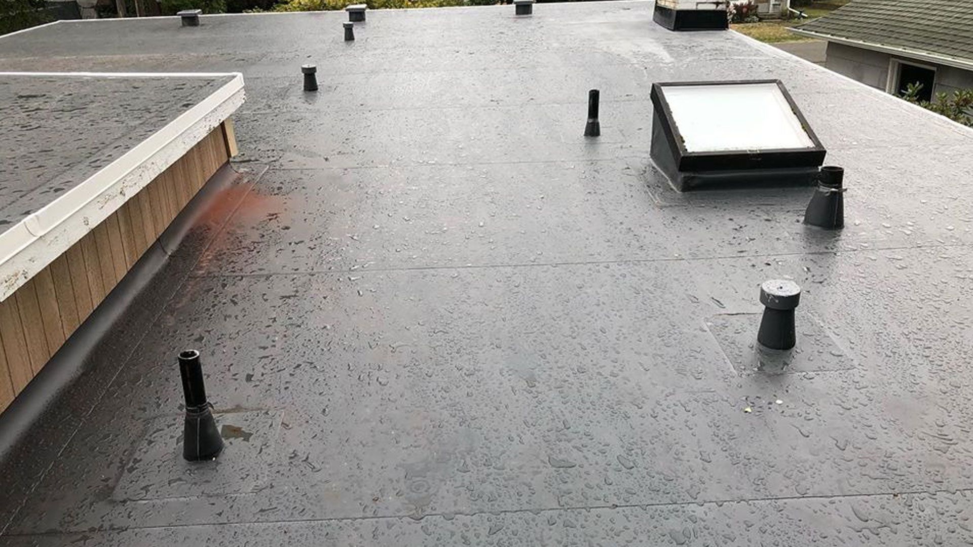 Flat, black rooftop with several vent pipes and a skylight.