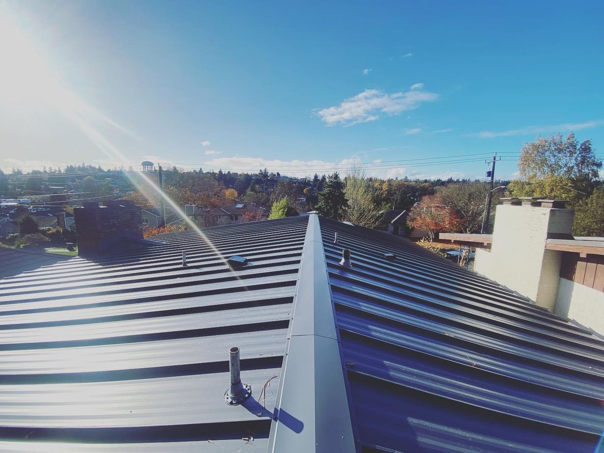View from a roof, showing dark metal panels, ridge, and trees under a blue sky with sun.