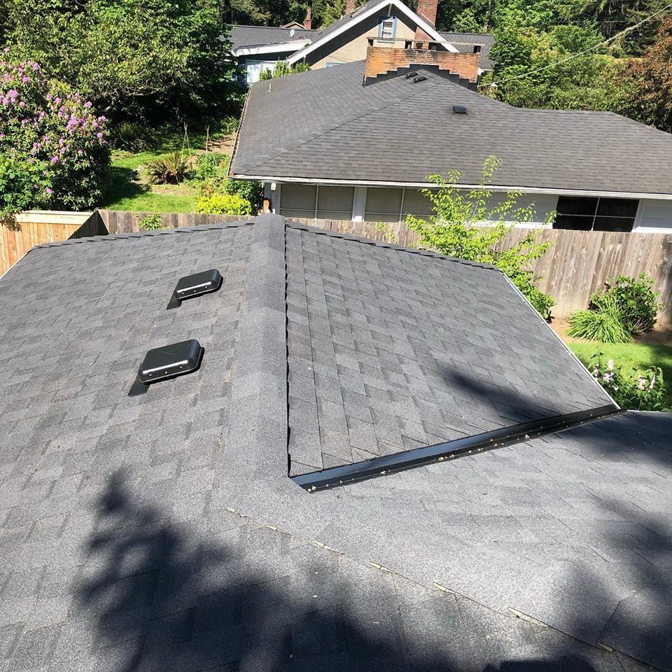 Dark gray asphalt shingle roof with two black vents and a black metal edge. Houses and trees in background.