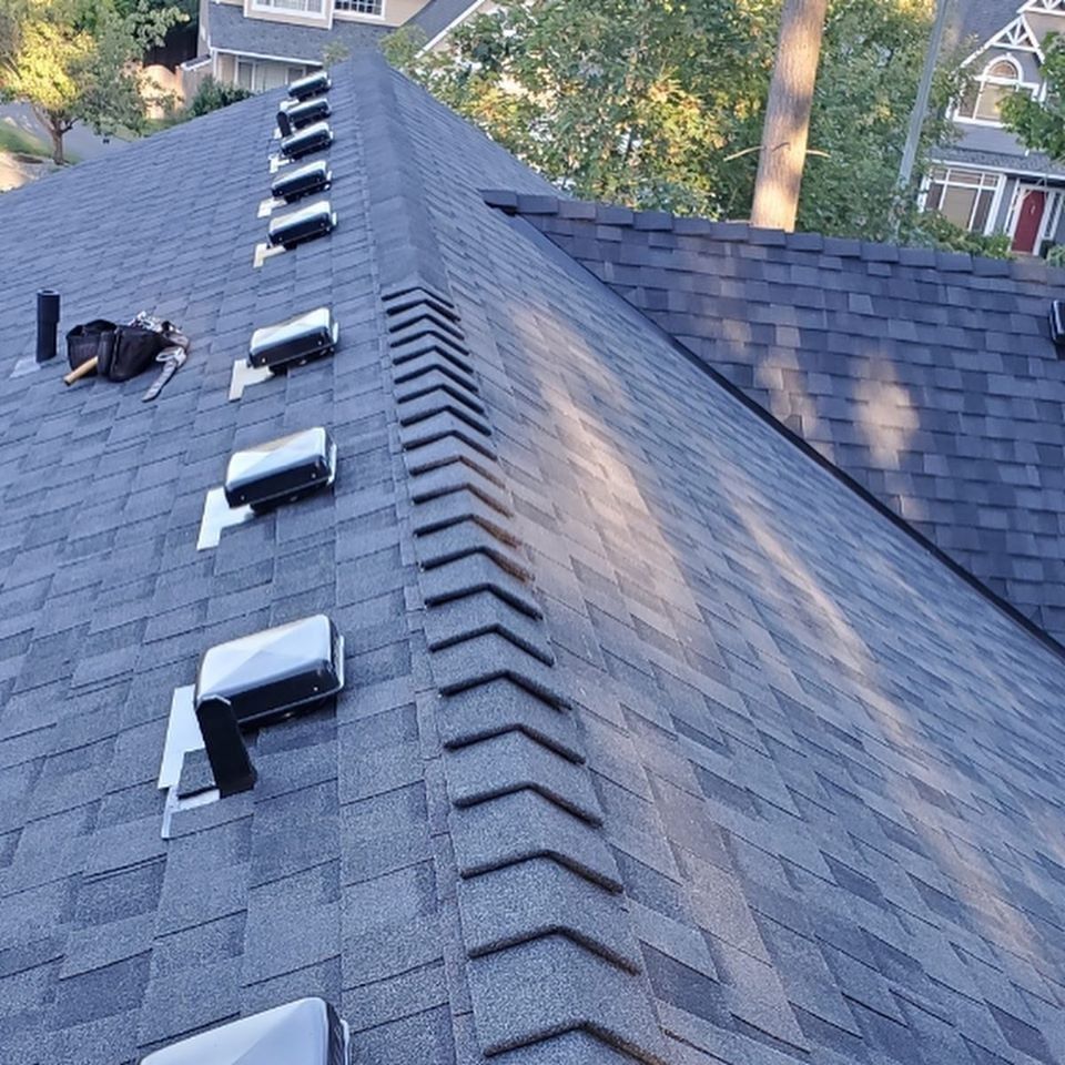 Dark-shingled roof with a row of vents and ridge cap, viewed from above. Bright daylight, outdoors.