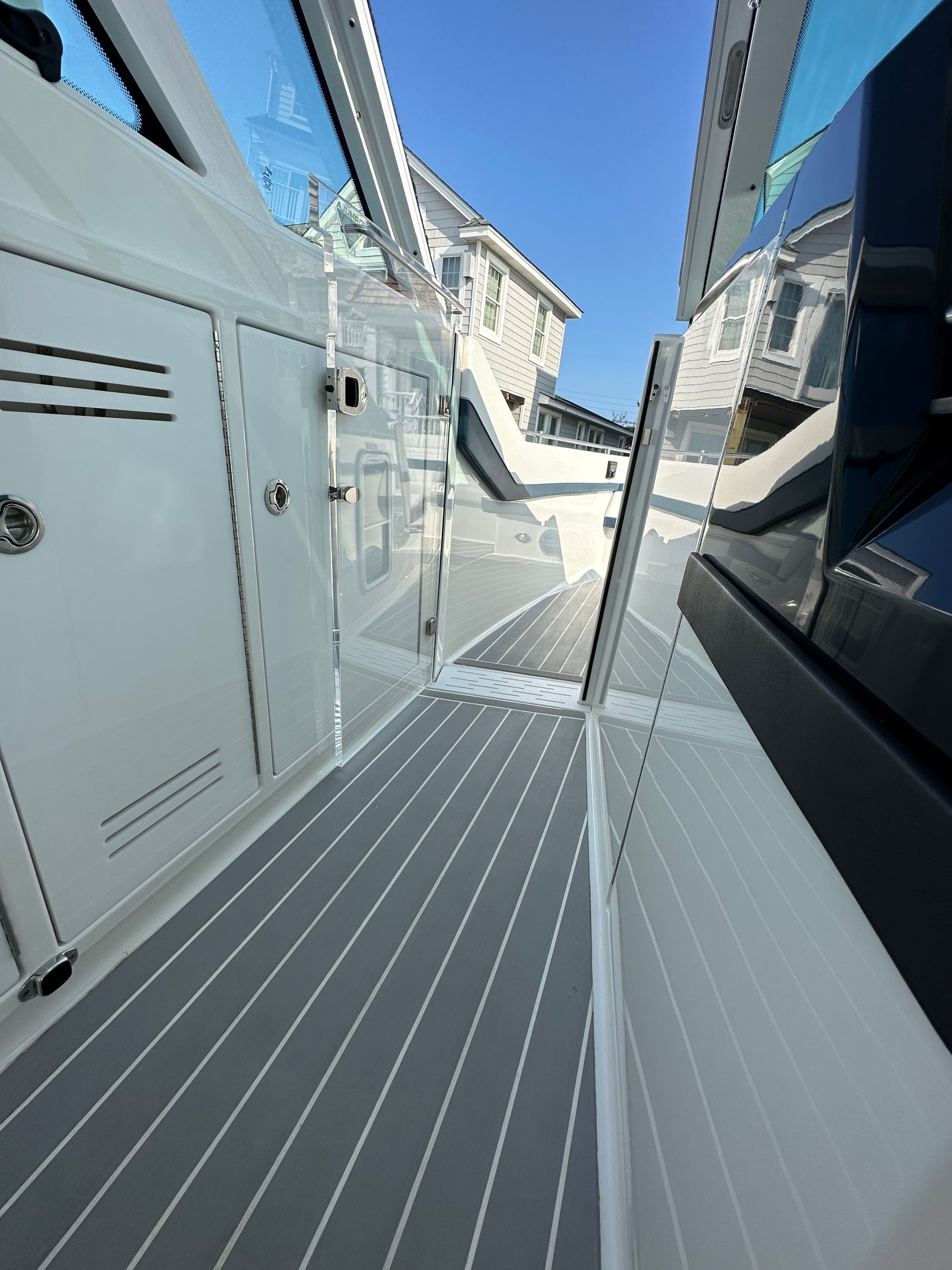 a boat with a gray and white striped floor