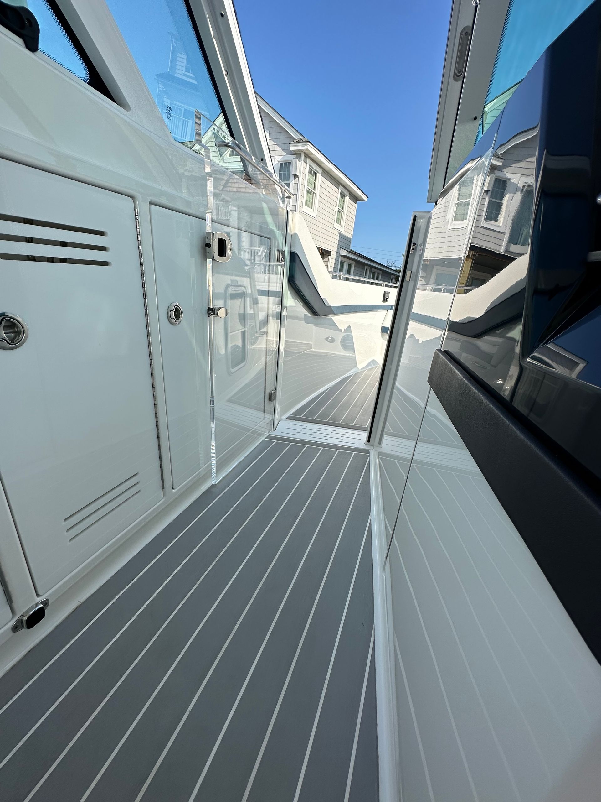 a boat with a gray and white striped floor