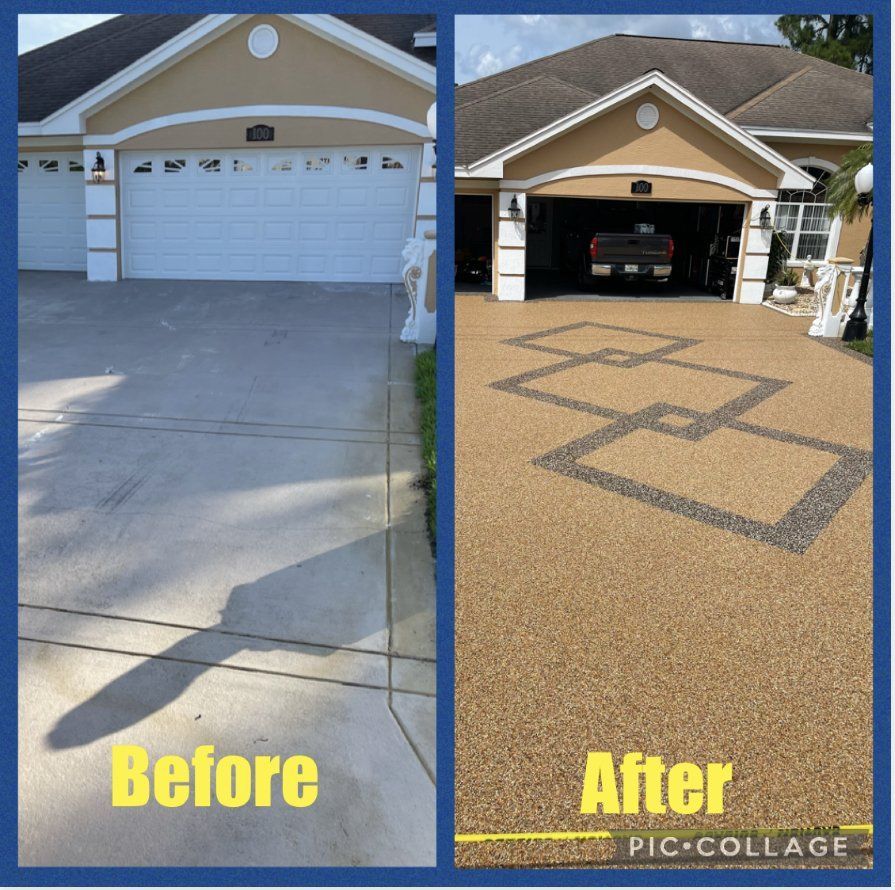 Before-and-after of a driveway resurfacing: plain concrete replaced with tan decorative coating.