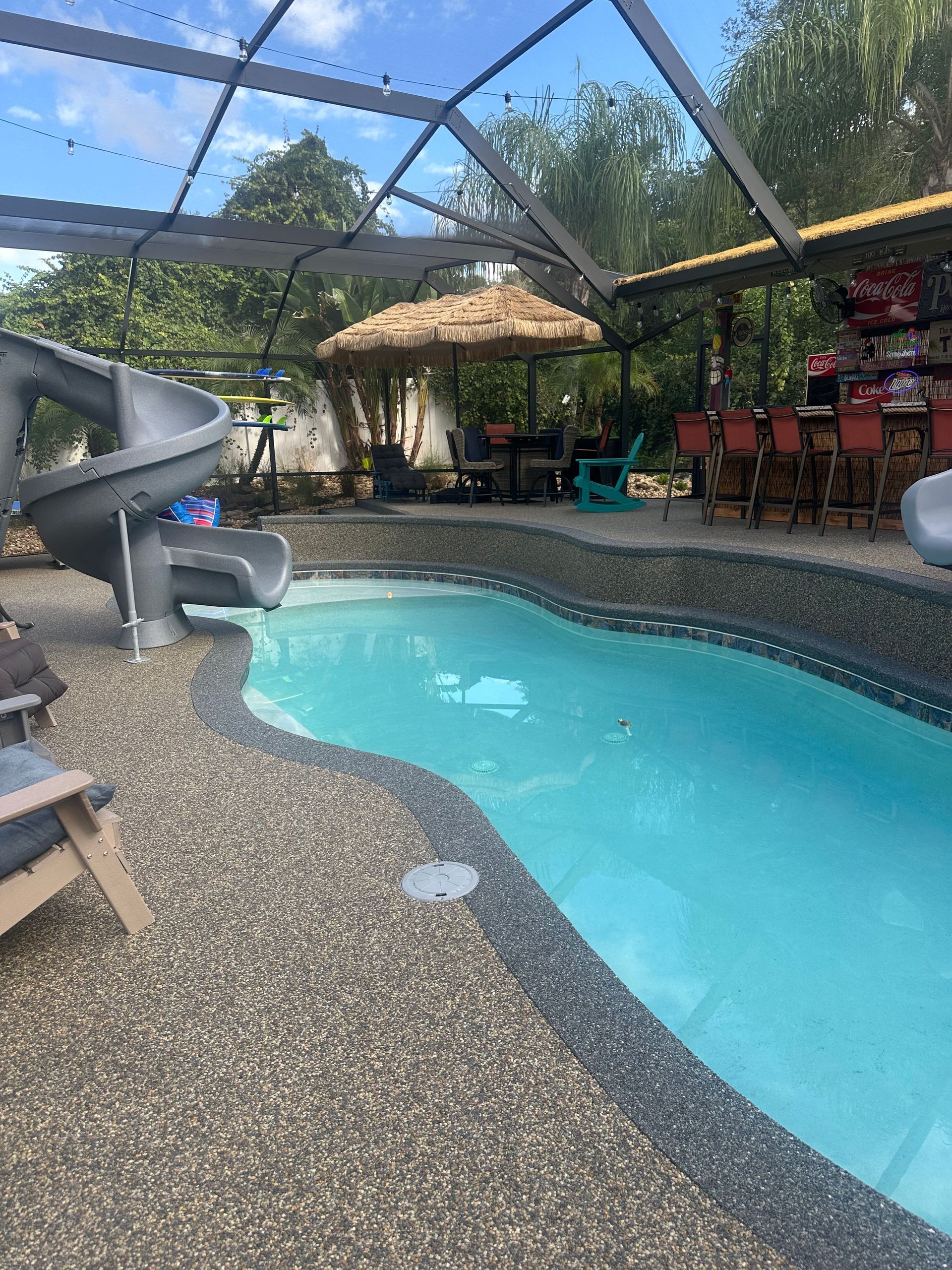 Backyard pool with rock slide, screened enclosure, and patio seating under a thatched cabana
