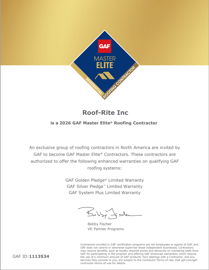 GAF Master Elite certificate from Roof-Rite Inc, a roofing company