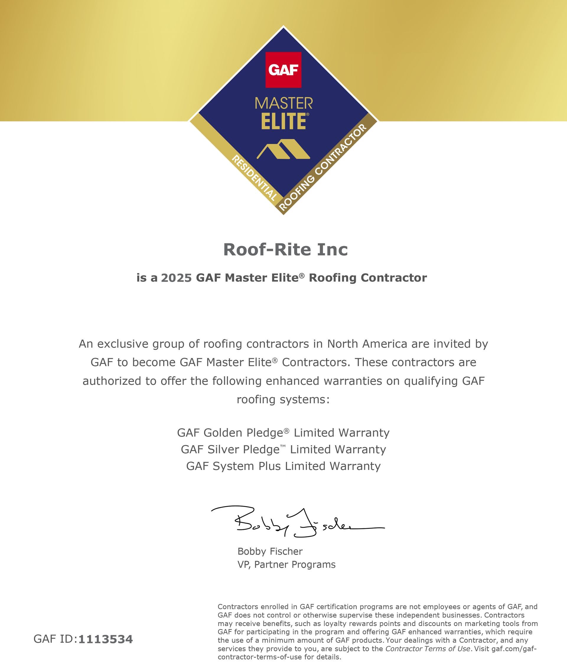 GAF Master Elite certificate from Roof-Rite Inc, a roofing company.